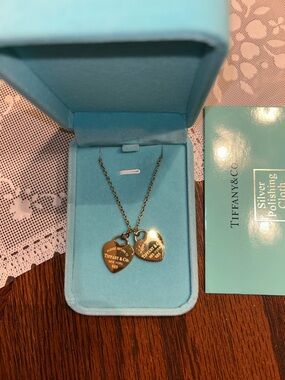 Tiffany & Co. Gold Double Heart Pendant Necklace in 925 Silver with Blue Box